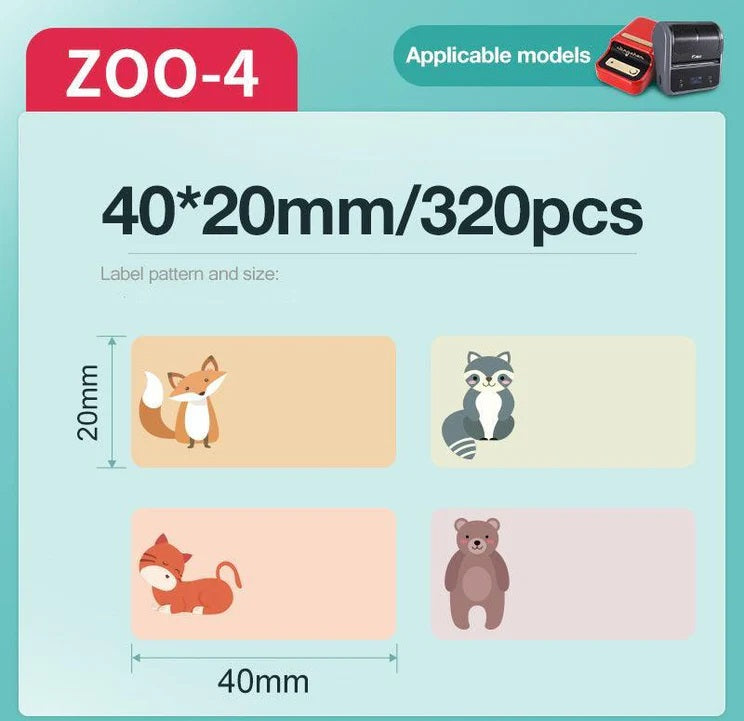White Thermal Label Stickers featuring cute animal designs in 40x20mm size, 320 pieces per pack