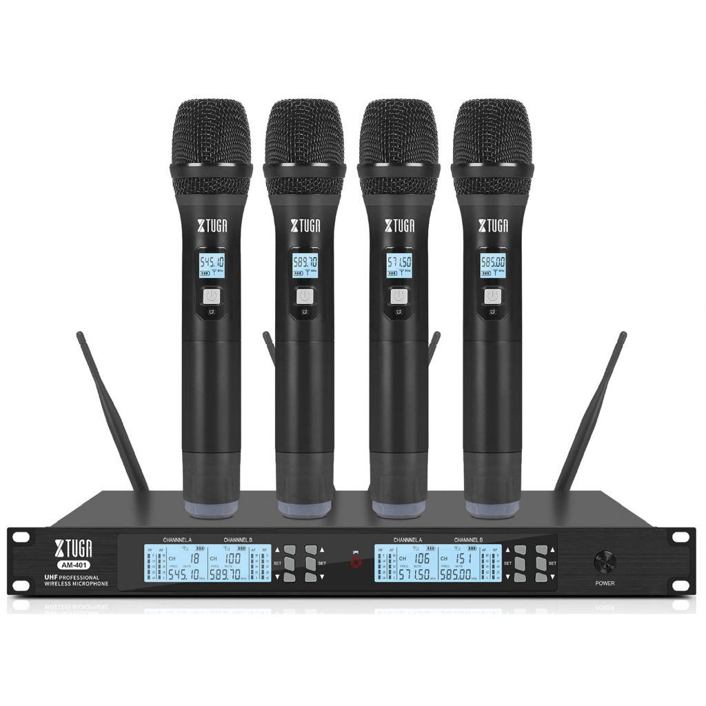 Professional UHF wireless microphone system with four handheld microphones and dual-channel receiver