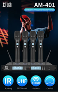 Professional UHF wireless microphone system with four microphones and receiver for karaoke performances