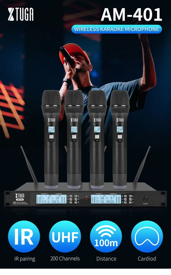 Professional UHF wireless microphone system with four microphones and receiver for karaoke performances