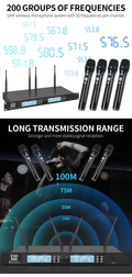 Professional UHF wireless microphone system with four mics and digital frequency display