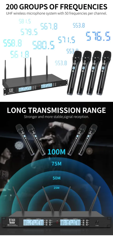 Professional UHF wireless microphone system with four mics and digital frequency display