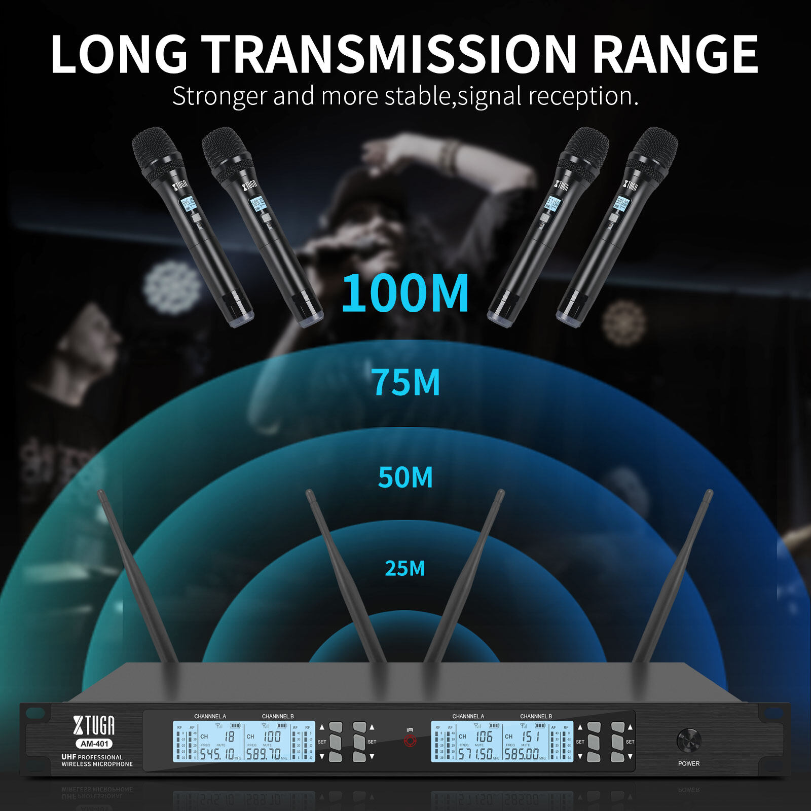 Professional UHF wireless microphone system with long transmission range and three handheld microphones