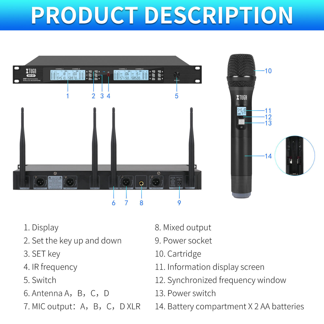 Professional UHF wireless microphone system with four handheld microphones and dual-channel receiver