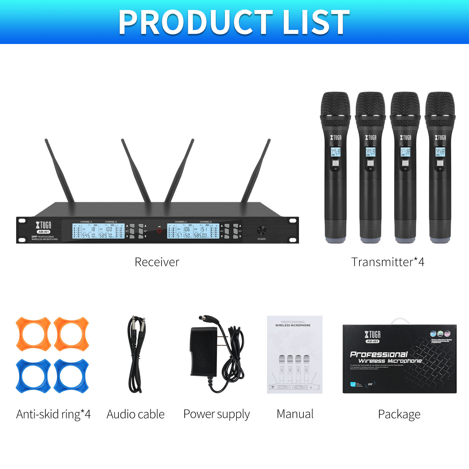 Professional UHF wireless microphone system with receiver and four transmitters included