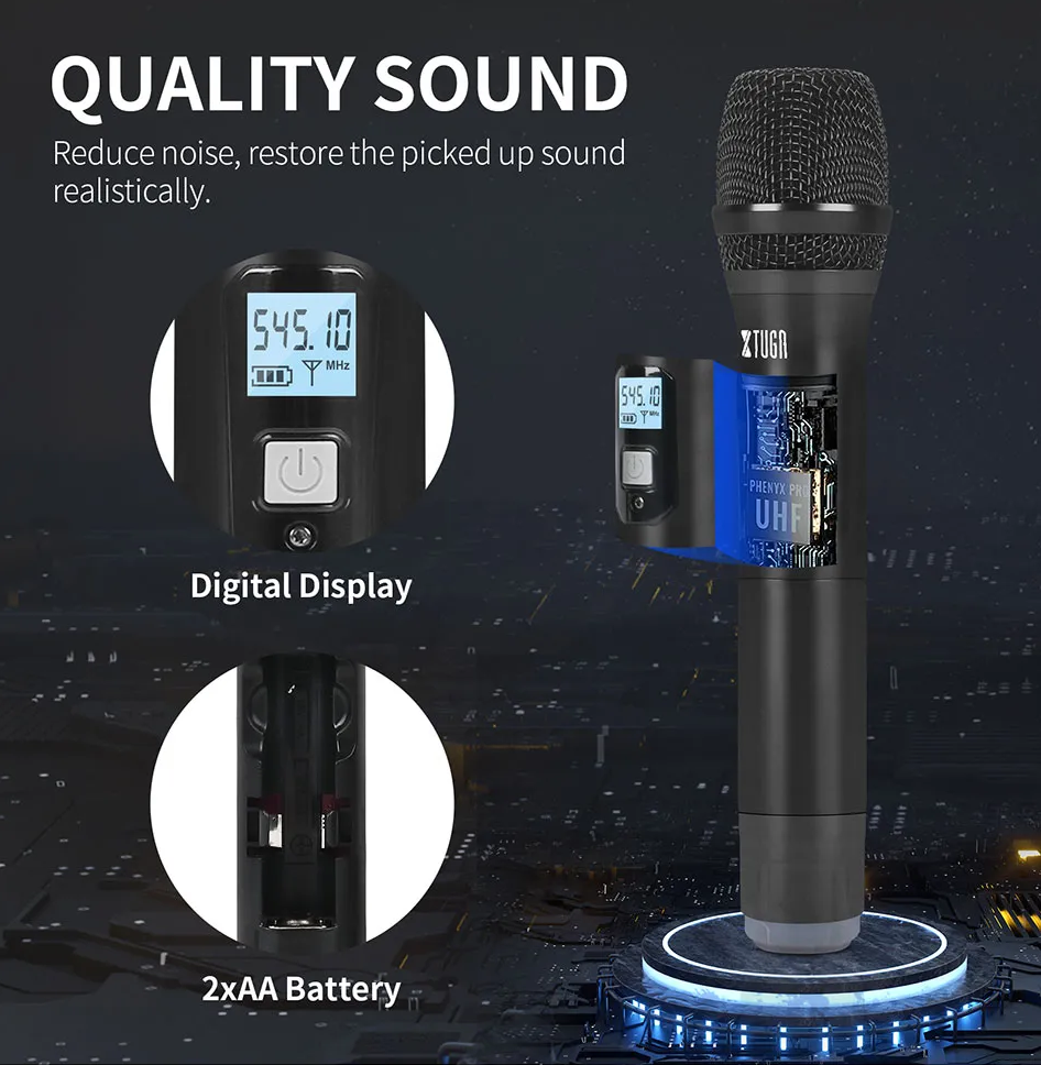 Professional UHF wireless microphone system with digital display for quality sound performance