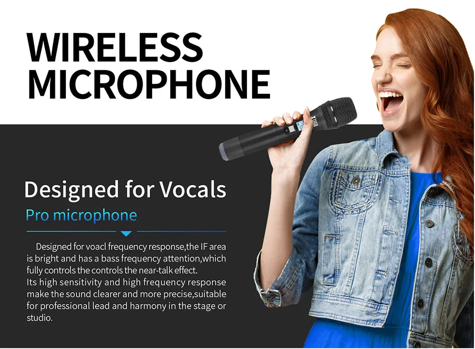 Professional UHF wireless microphone system with high sensitivity for vocal performances