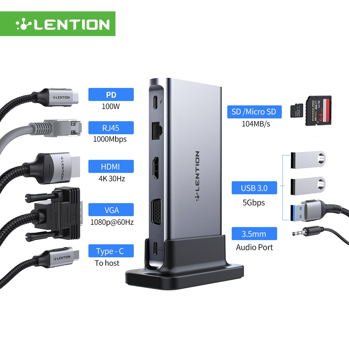 LENTION D55 10-in-1 USB C-Hub Digital AV Portable Docking Station, 100W (Gray)