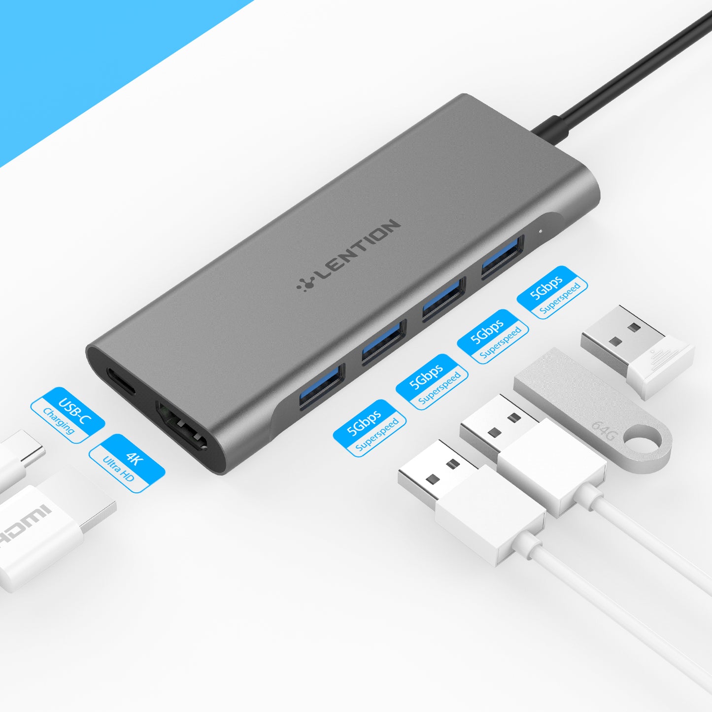 LENTION C35 USB C-Hub TO USB3.0*4 Ports + HDMI(4K30Hz) +PD3.0 Sailing Series Adapter for ASUS ZenBook3 / ZenBook Pro / Surface Book 2 / Go Chromebook / Pixelbook / Huawei Matebook Lenovo Yoga 930 / 920 / 910 / 720 iPad Pro 2018/2020/2021/2021 M1 iPad Air