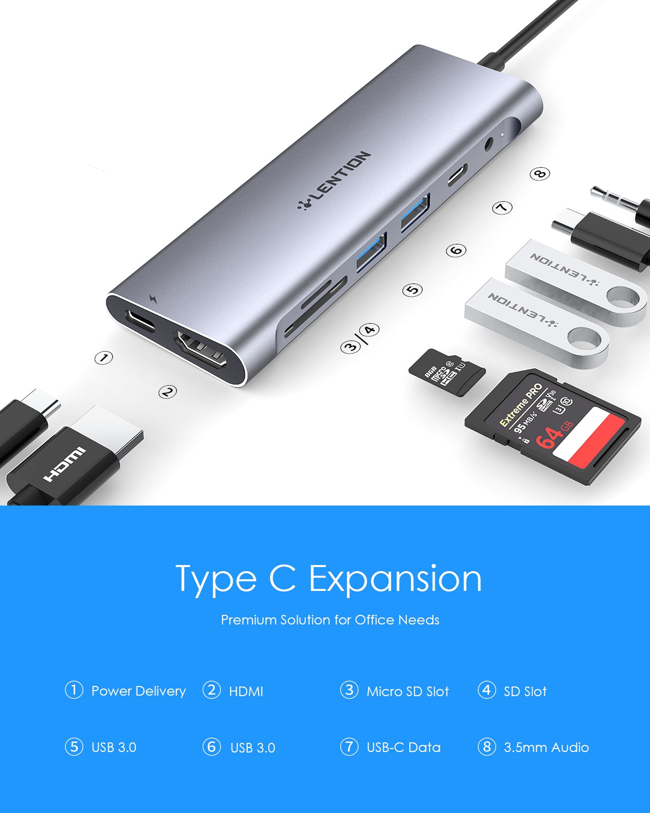 LENTION C37 8in1 USB Splitter TypeC Multiport Hub to HDMI Port  Card Reader 3.0 USB Adapter for USB C Tablets and Phones Laptop Computer USB Hub Type C to HDMI USB Hub Extension Multiport Card reader Multiport for PC Smartphone TypeC hub to HDMI VGA VMI