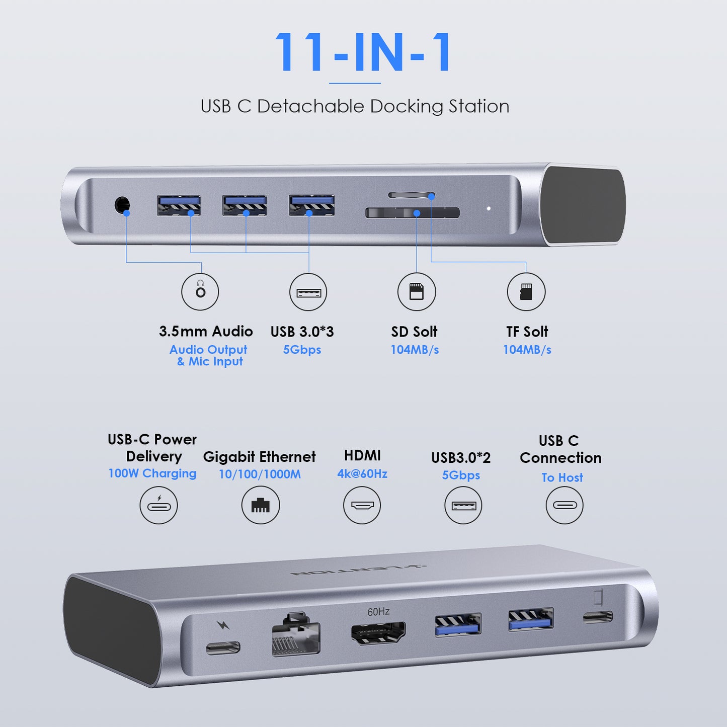 LENTION D54 11-in-1 USB C-Hub Digital AV Portable Docking Station, 100W (Gray)