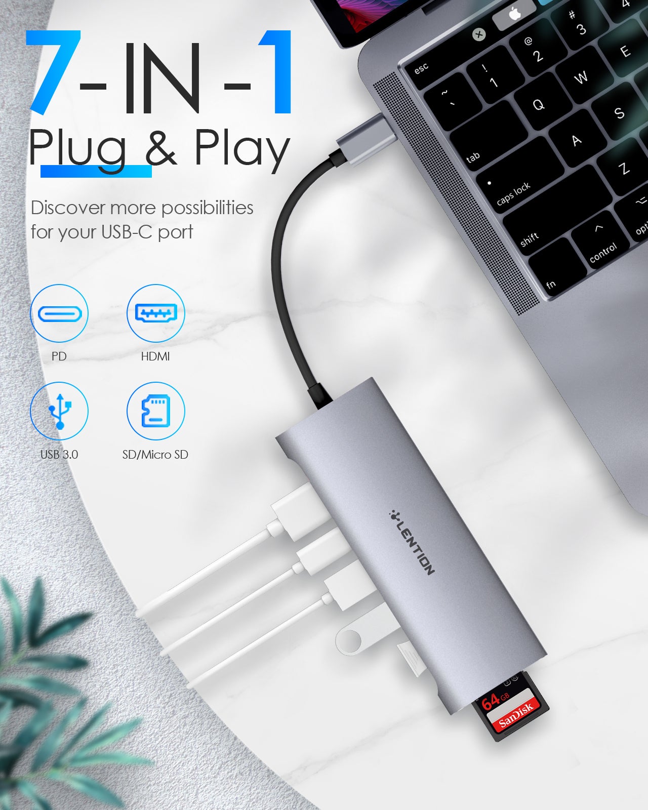 LENTION C36B 7-in-1 USB Hub Splitter Sailing Series Adapter 4K HDMI Multiport USB TypeC RJ45 LAN Docking Station Memory SD Card Reader for Go Chromebook PixelBook Huawei MateBook Lenovo Yoga 930/920/910/720 /New MacBook Air ProMacBook Laptop Computer-VMI