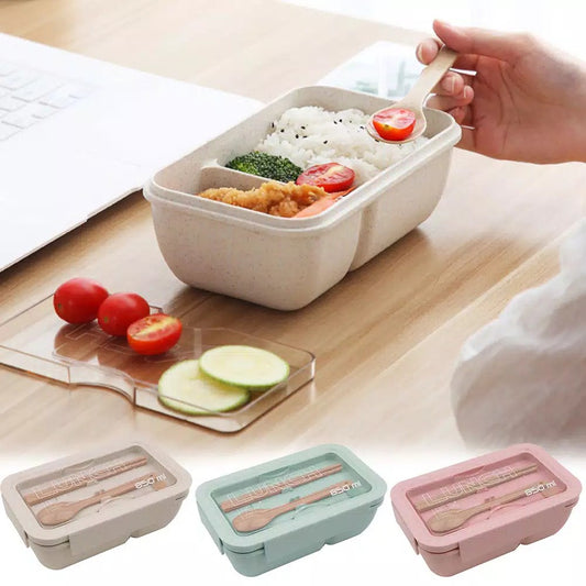 Wheat straw microwave safe student rectangular buckle sealed portable lunch box 850ml with cutlery