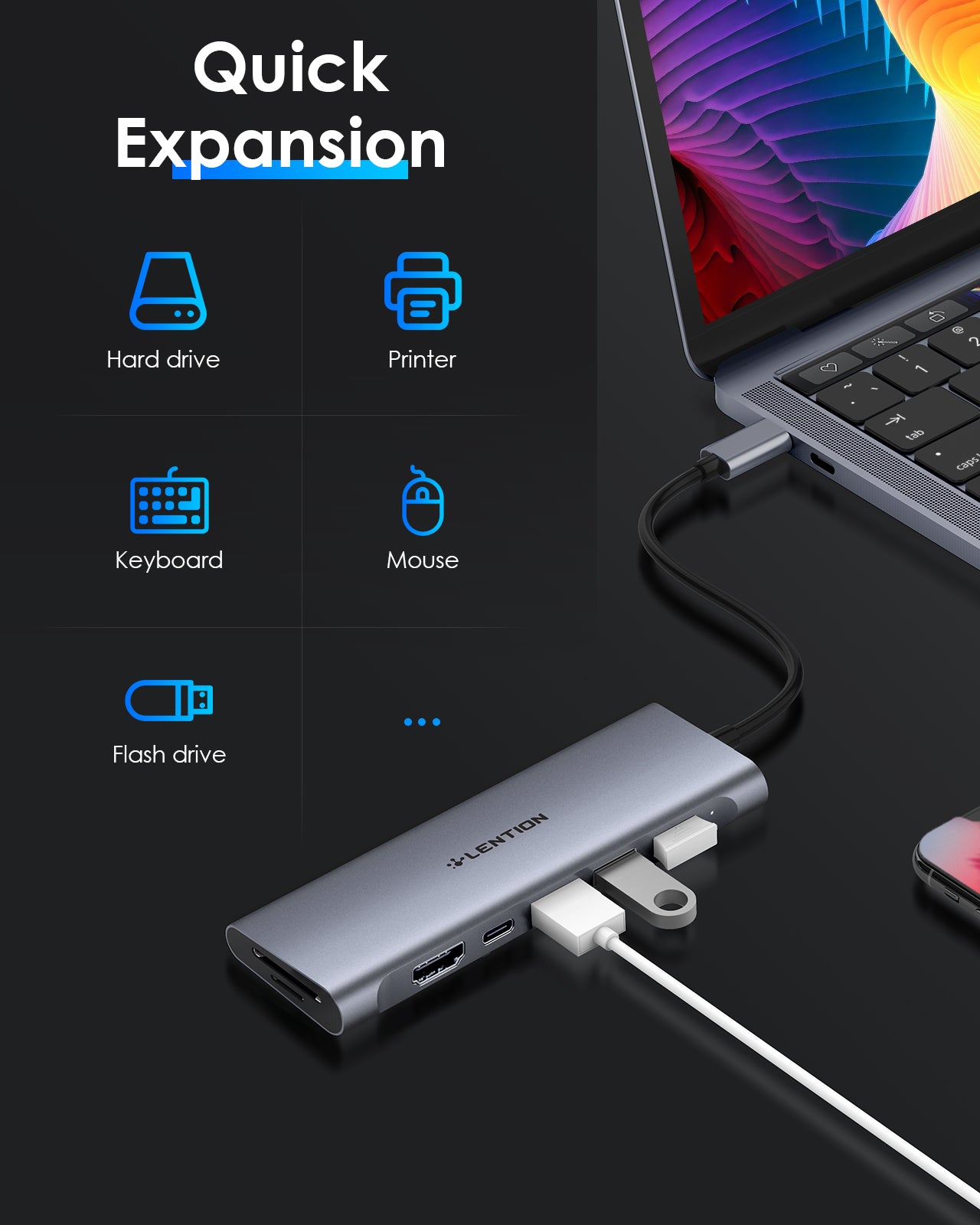 LENTION C36B 7-in-1 USB Hub Splitter Sailing Series Adapter 4K HDMI Multiport USB TypeC RJ45 LAN Docking Station Memory SD Card Reader for Go Chromebook PixelBook Huawei MateBook Lenovo Yoga 930/920/910/720 /New MacBook Air ProMacBook Laptop Computer-VMI