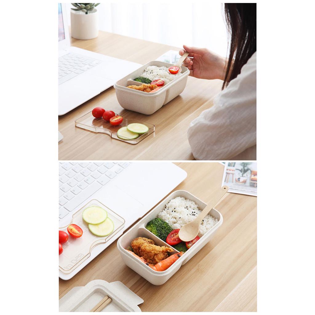 Wheat straw microwave safe student rectangular buckle sealed portable lunch box 850ml with cutlery