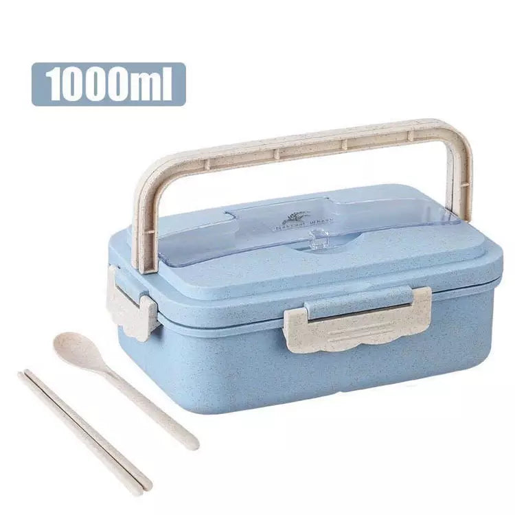 1000ml Wheat Straw Bento Lunch Box in Blue with a Handle and Utensils for Convenient Meal Prep