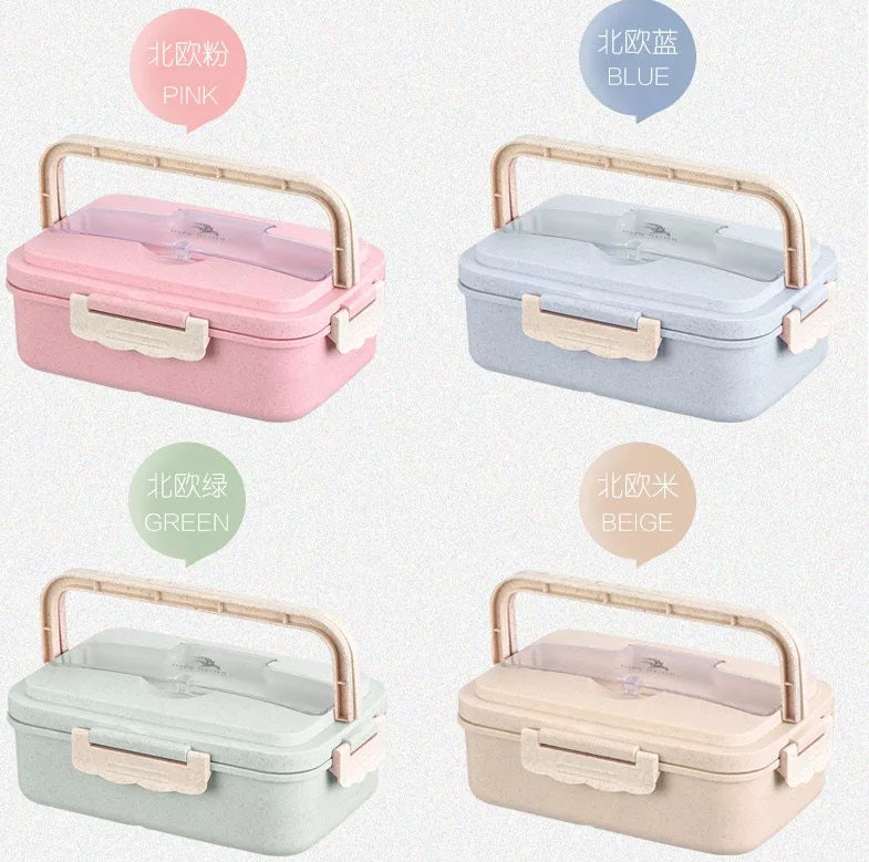 1000ml Wheat Straw Bento Lunch Box in Pink, Blue, Green, and Beige with ergonomic handle