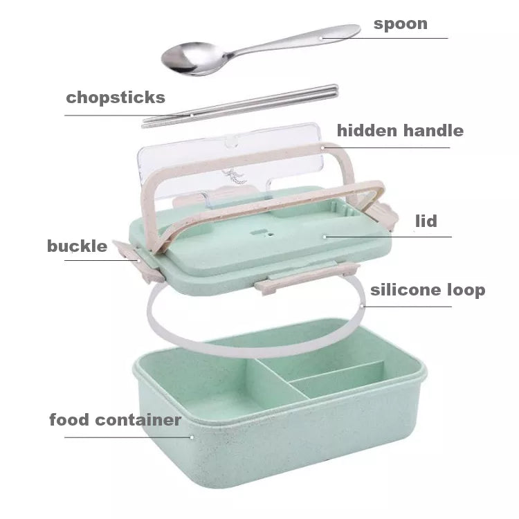1000ml Wheat Straw Bento Lunch Box with compartments, lid, and included utensils for convenient meals