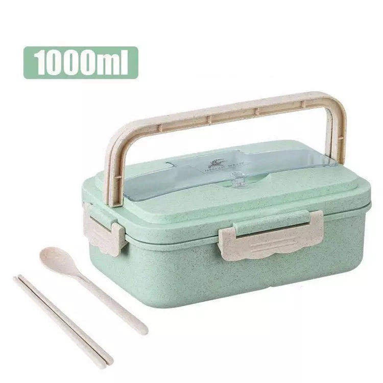 1000ml Wheat Straw Bento Lunch Box with Handle, Spoon, and Chopsticks for Eco-Friendly Meals