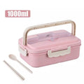 1000ml Wheat Straw Bento Lunch Box in Pink with Handle, Spoon, and Chopsticks for Easy Meal Transport