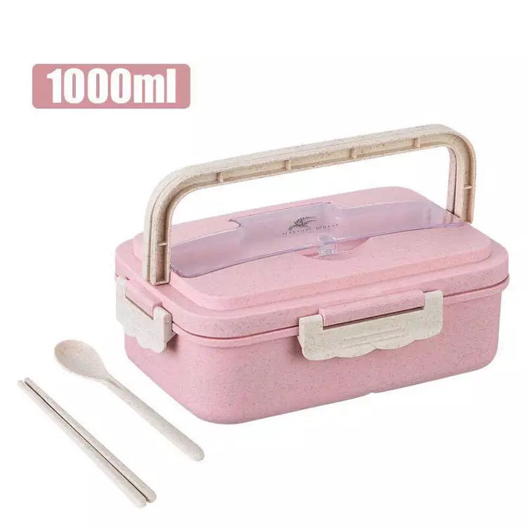 1000ml Wheat Straw Bento Lunch Box in Pink with Handle, Spoon, and Chopsticks for Easy Meal Transport