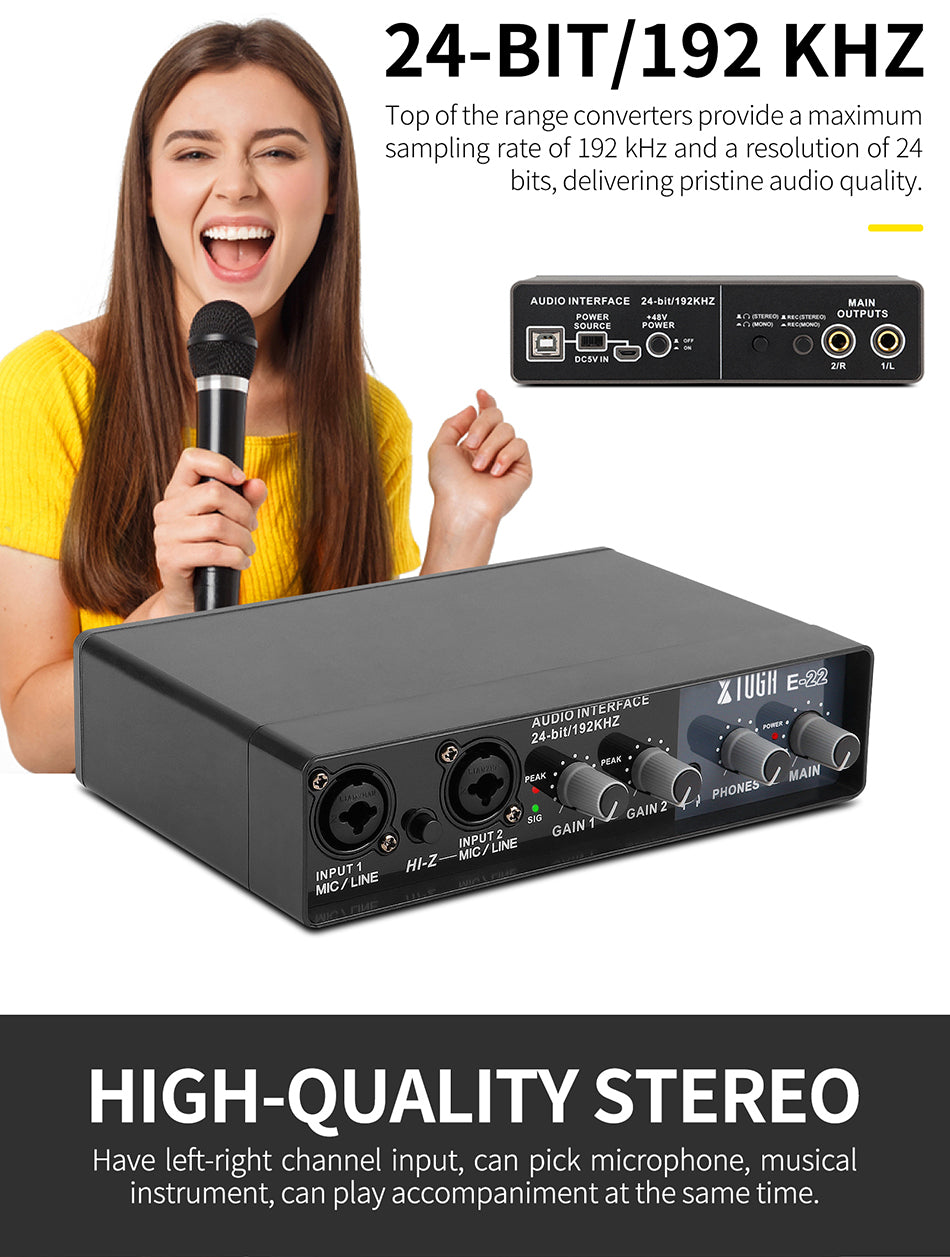 XTUGA E22 Stereo Mono USB Recording Sound Card High Audio Resolution Sound Monitoring 48V Power Driver Installation Use For Microphone Electric Guitar Studio Vocal Recording Audio interface for guitar bass Sound card 2 channel mixer VMI Direct