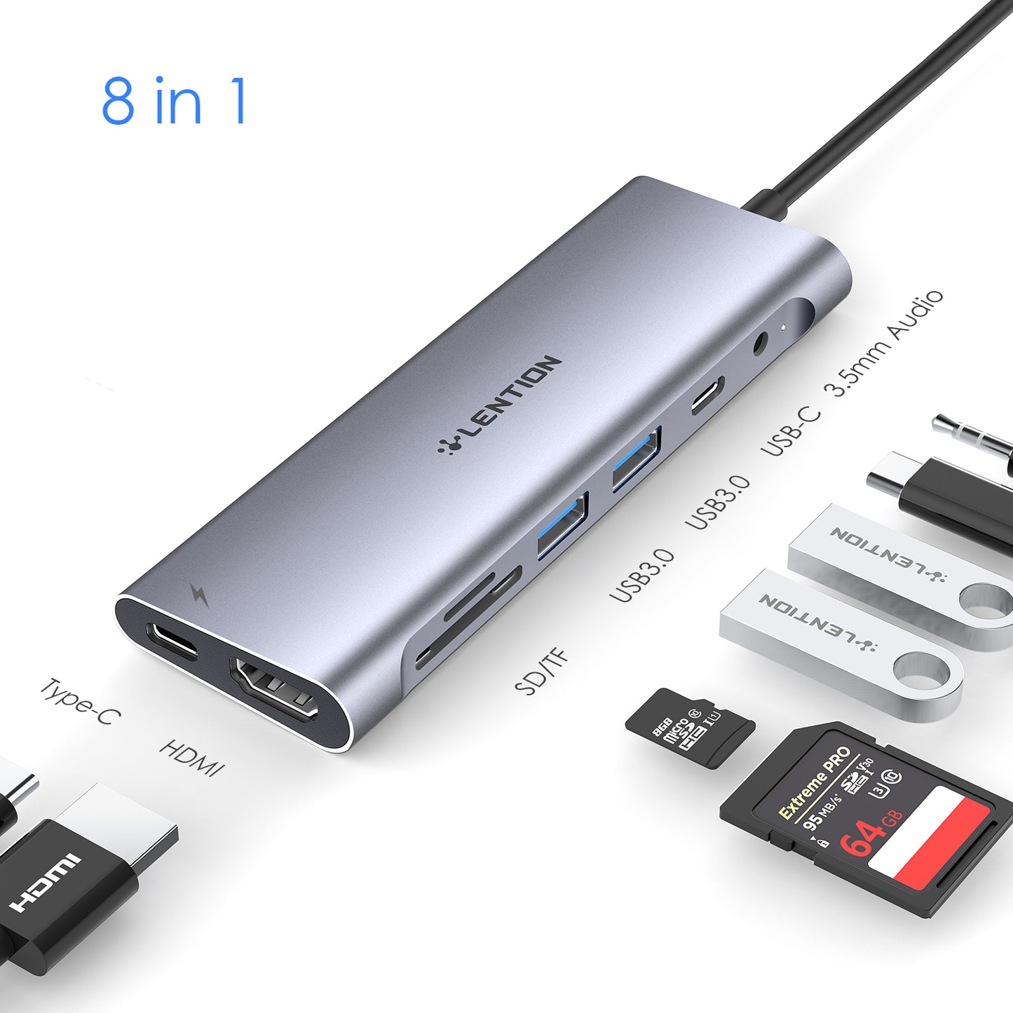 LENTION C37 8in1 USB Splitter TypeC Multiport Hub to HDMI Port  Card Reader 3.0 USB Adapter for USB C Tablets and Phones Laptop Computer USB Hub Type C to HDMI USB Hub Extension Multiport Card reader Multiport for PC Smartphone TypeC hub to HDMI VGA VMI