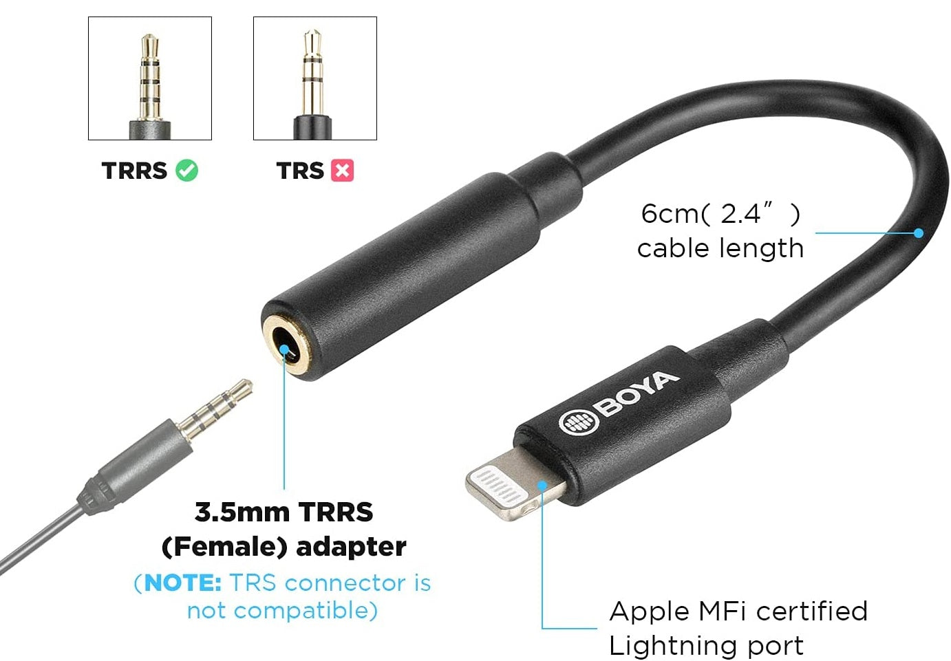 BOYA by-K3 K3 3.5mm Female TRRS to Male Lightning Adapter Cable