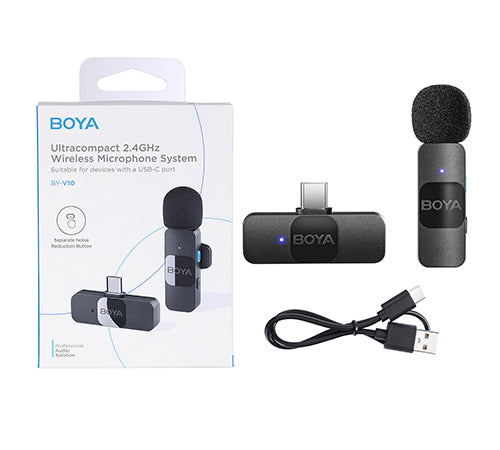 Boya V10 Ultracompact 2.4GHz Wireless Microphone System 1 Transmitter & 1 Receiver  Mic Noise Cancellation  Lightweight - VMI Direct