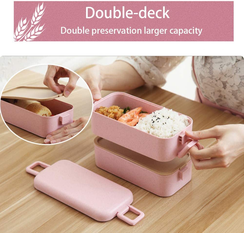 2 Layers Wheat Straw Lunch Box 800ml in pink, featuring a double-deck design for easy food preservation