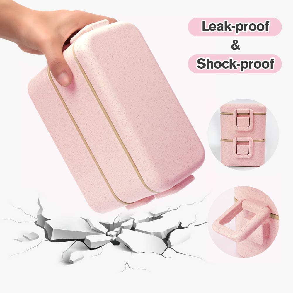 2 Layers Wheat Straw Lunch Box 800ml in pink, leak-proof and shock-proof design for safe meal storage