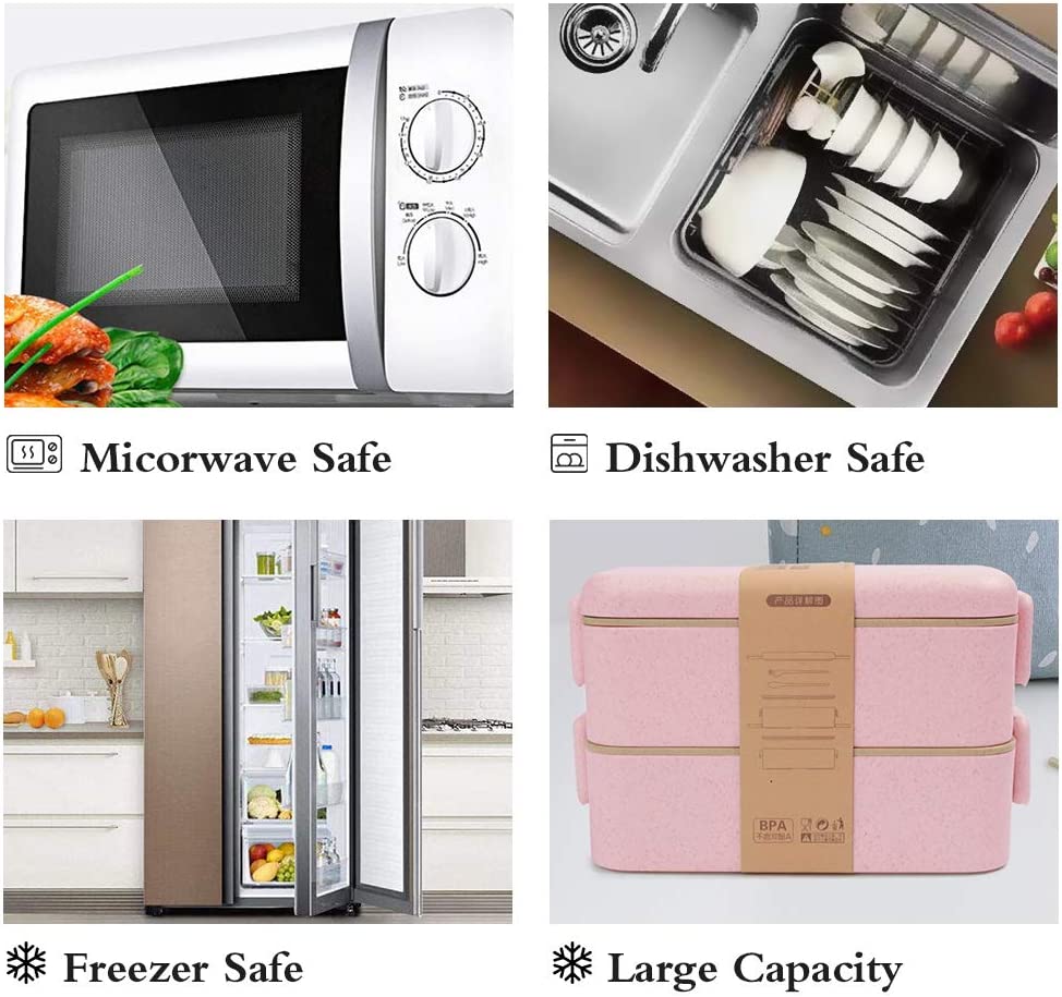 VMIDirect 2 Layers Wheat Straw Lunch Box 800ml with Microwave, Dishwasher, and Freezer Safe Features