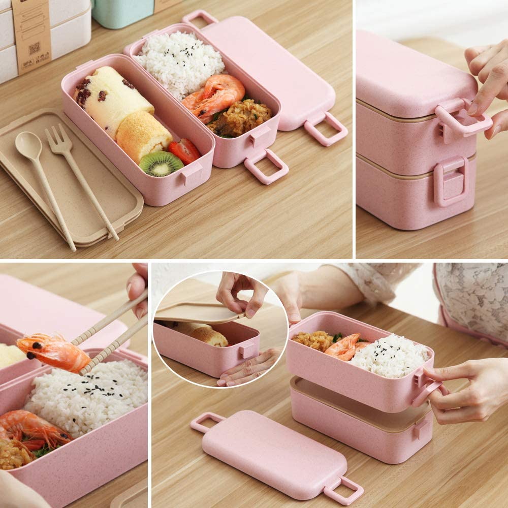 2 Layers Wheat Straw Lunch Box 800ml in pink with compartments for meal prep and utensils