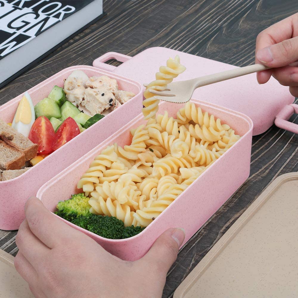 VMIDirect 2 Layers Wheat Straw Lunch Box 800ml filled with pasta, vegetables, and chicken