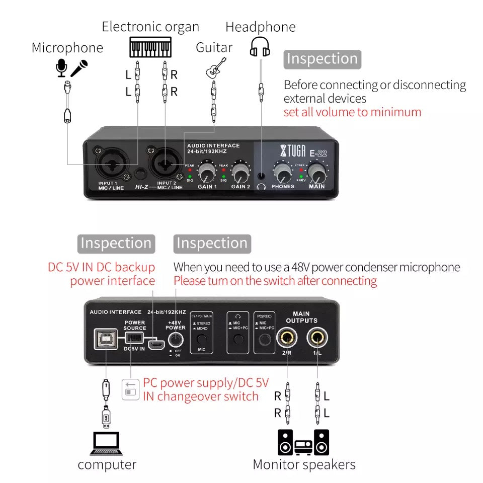 XTUGA E22 Stereo Mono USB Recording Sound Card High Audio Resolution Sound Monitoring 48V Power Driver Installation Use For Microphone Electric Guitar Studio Vocal Recording Audio interface for guitar bass Sound card 2 channel mixer VMI Direct