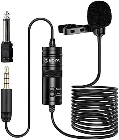 BOYA M1S lapel microphone with an attached clip and 3.5mm connector for clear audio recording