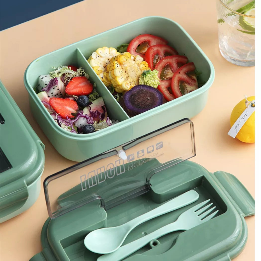 Bento Lunch Box 1100ml Leakproof Microwaveable Safe Plastic Lunch Box 2 Compartments Divider with Spoon And Fork For Kids and Adults Home School Work Travel Picnic Outing with Cover  VMI Direct