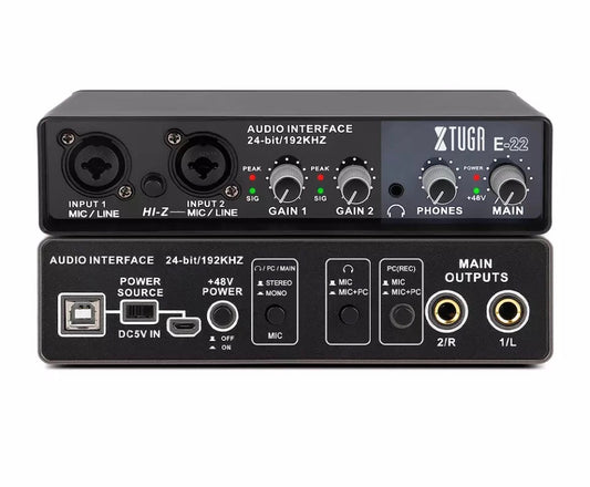 XTUGA E22 Stereo Mono USB Recording Sound Card High Audio Resolution Sound Monitoring 48V Power Driver Installation Use For Microphone Electric Guitar Studio Vocal Recording Audio interface for guitar bass Sound card 2 channel mixer VMI Direct