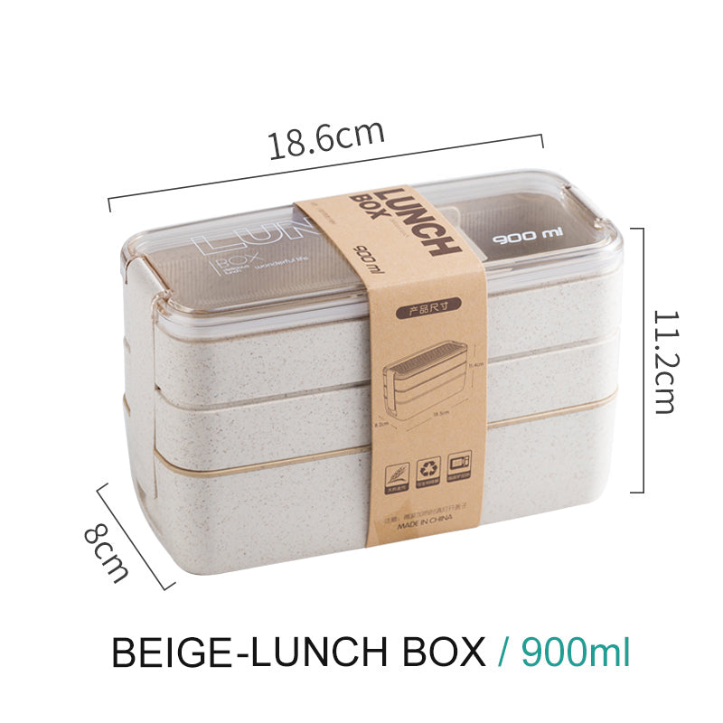 Eco-friendly & Leakproof 100% Food Grade Material Wheat Straw 3 Layers Lunch Box 900ml microwavable with spoon and fork