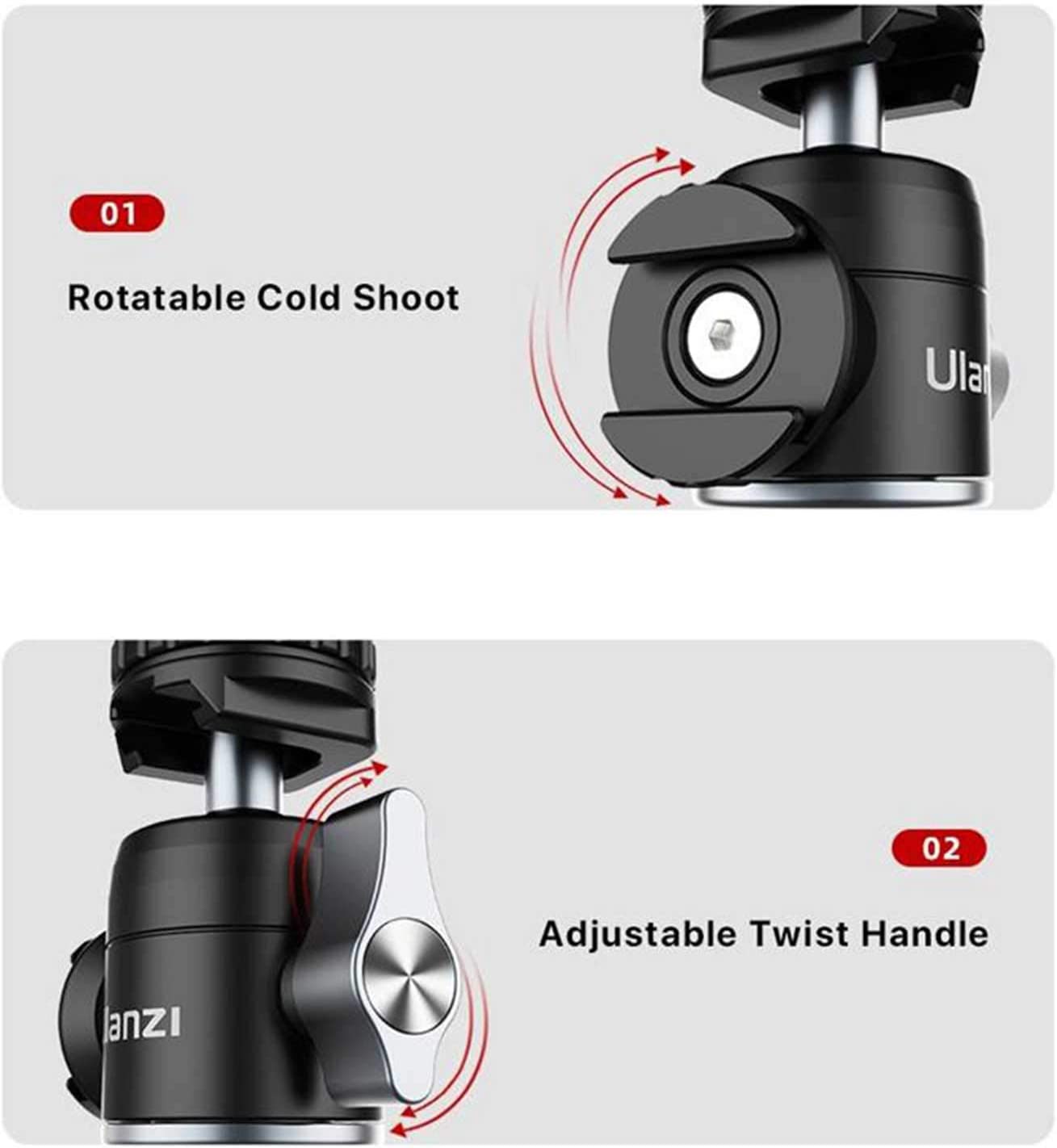 VMIDirect Extendable Tripod Detachable ball head with rotatable cold shoot and adjustable twist handle features