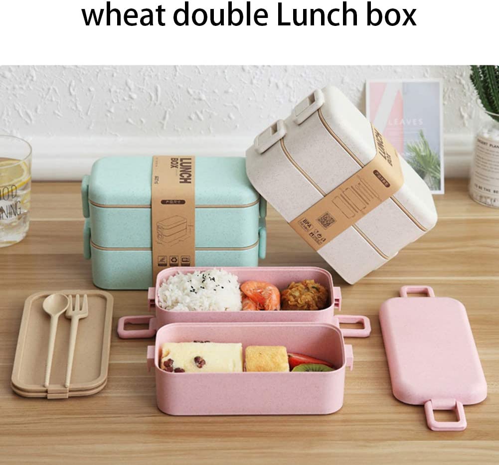 2 Layers Wheat Straw Lunch Box 800ml with spoon and fork