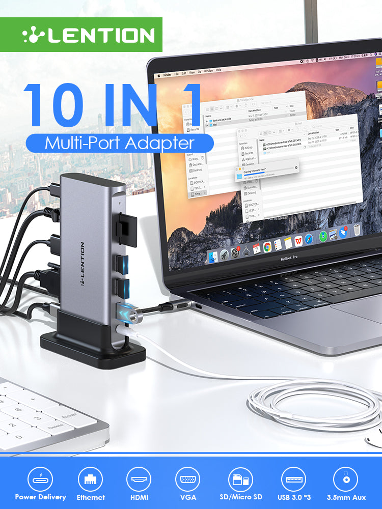 LENTION D55 10-in-1 USB C-Hub Digital AV Portable Docking Station, 100W (Gray)