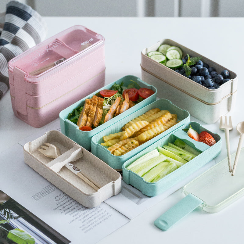 Eco-friendly & Leakproof 100% Food Grade Material Wheat Straw 3 Layers Lunch Box 900ml microwavable with spoon and fork