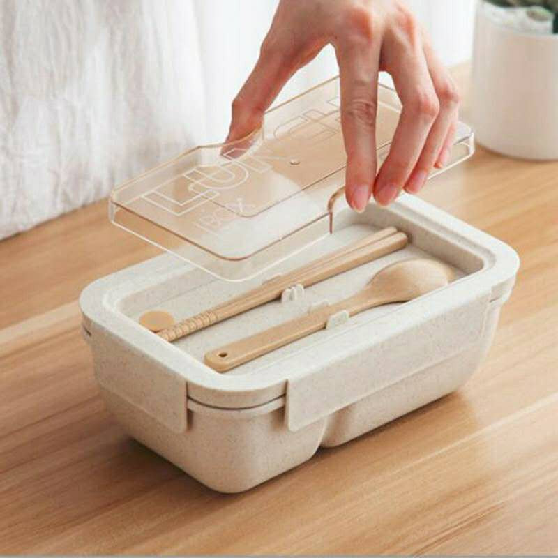 Wheat straw microwave safe student rectangular buckle sealed portable lunch box 850ml with cutlery