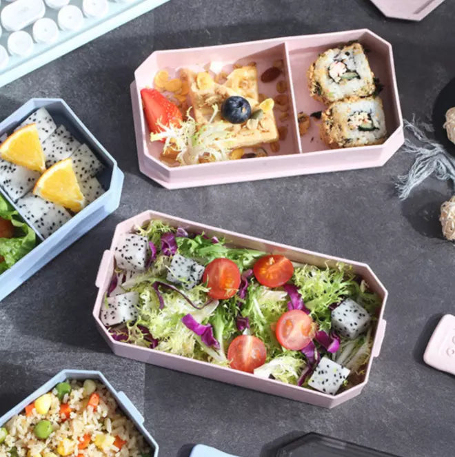 850ml Wheat Straw 2-Layer Bento Lunch Box featuring fresh salads and sushi, ideal for meal prep