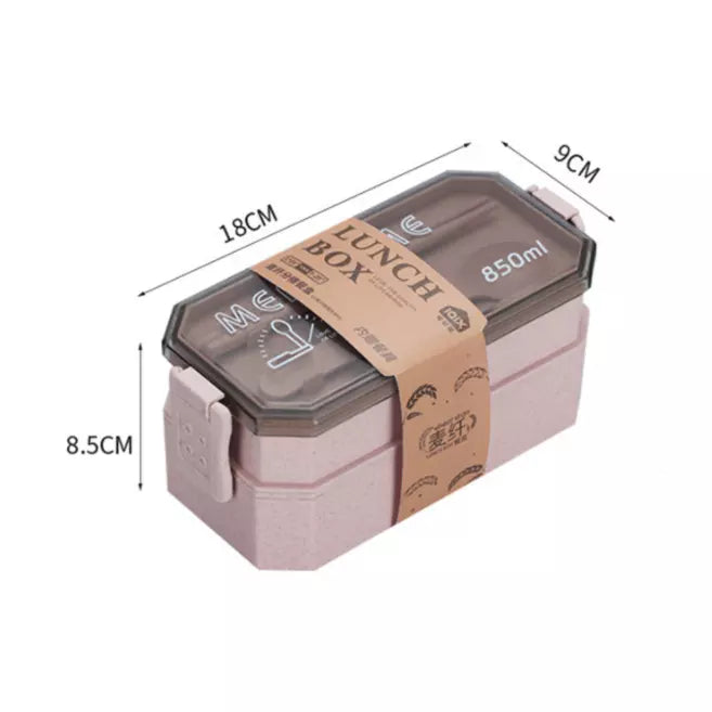 850ml Wheat Straw 2-Layer Bento Lunch Box in Pink and Blue for Convenient Meal Storage