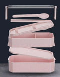 850ml Wheat Straw 2-Layer Bento Lunch Box in pink with spoon and removable lid for easy storage