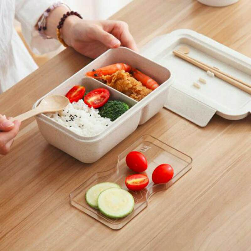 Wheat straw microwave safe student rectangular buckle sealed portable lunch box 850ml with cutlery