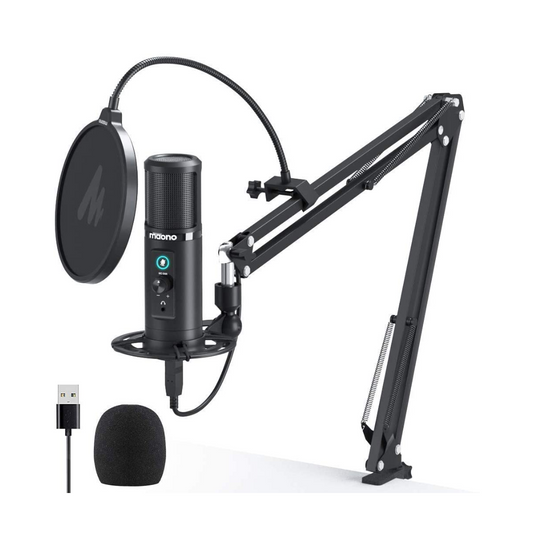 MAONO AU-PM422 USB Condenser Microphone Zero Latency Monitoring Play and Plug no need any audio interface Studio Quality Sound Mic with One Touch Mute Button Mic Gain Knob and Audio Jack Arm Stand for Podcasting Streaming Live stream Sound recording VMI