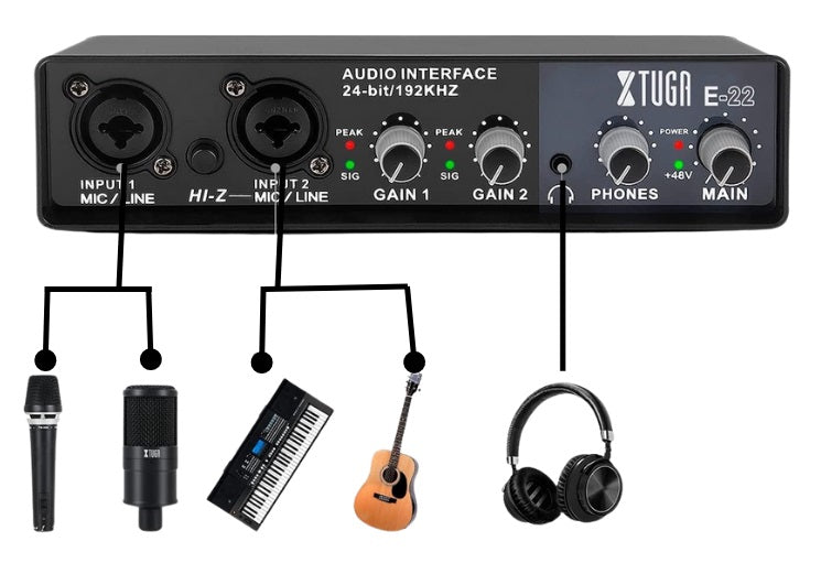 USB Audio Interface 2 In 2 Out with 48V Phantom Power,XLR Mic USB Audio  Mixer Recording Podcasting and Streaming 24Bit/192kHz True Stereo